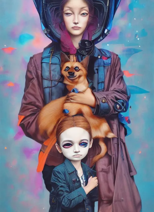 Prompt: beautiful portrait painting of a young French lofi cyberpunk princess and her corgi assassin king, by Afarin Sajedi, Alessandro Barbucci, Alex Gross, Shin Jeongho, Shohei Otomo. trending on Artstation, 8k, masterpiece, face enhance, graffiti paint, fine detail, full of color, intricate detail, golden ratio illustration