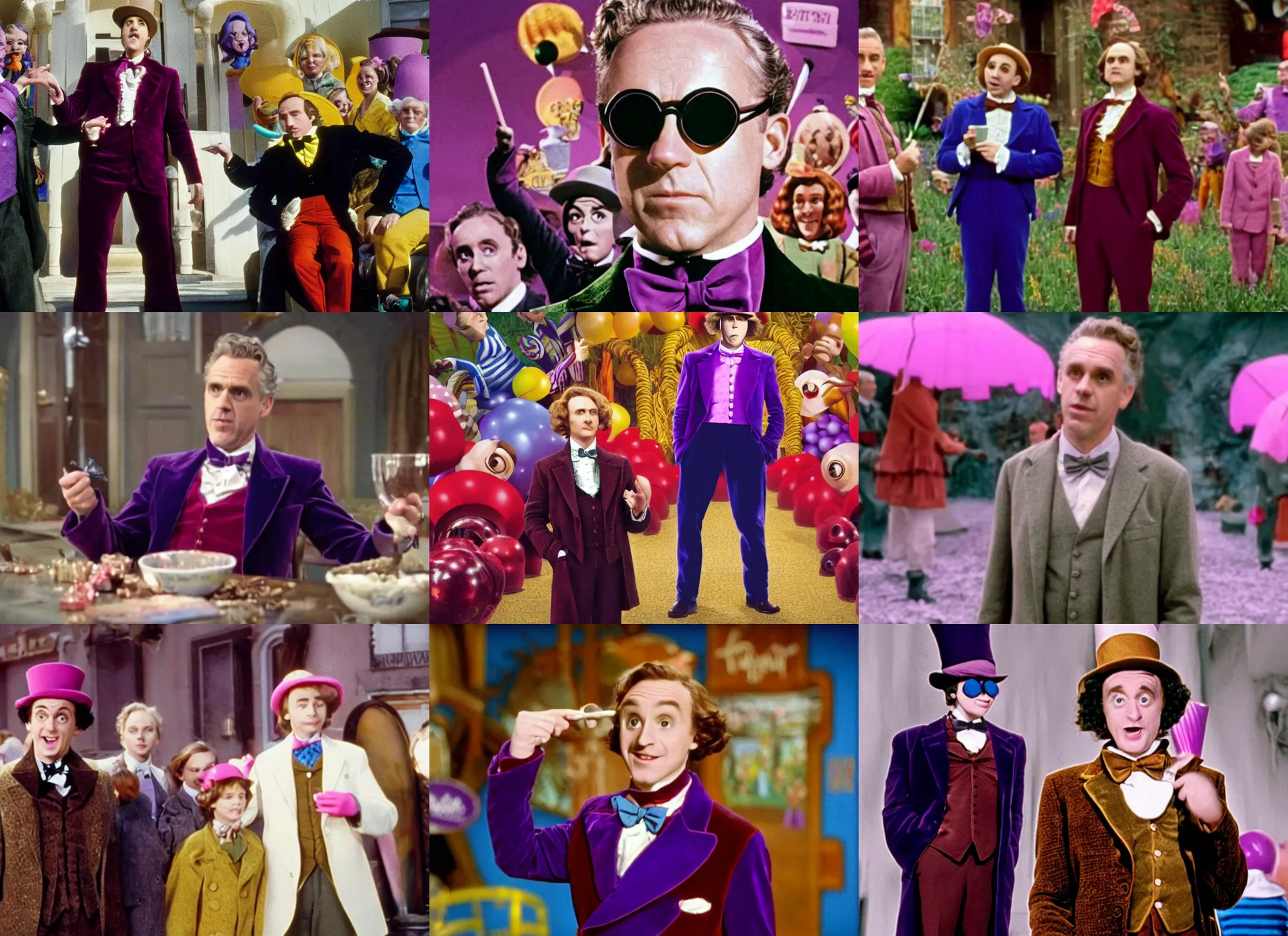 Prompt: film still of Jordan Peterson playing Willy Wonka