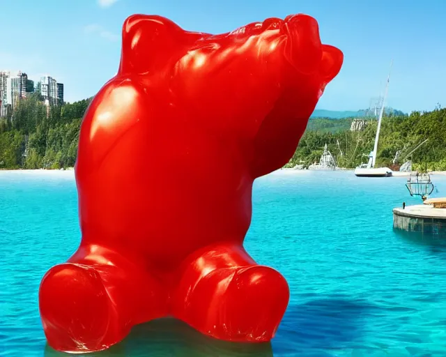 Image similar to a giant sculpture of a giant gummy bear on the water, award winning, hyper - realistic, very detailed, realistic water, ray tracing, 8 k resolution, long - shot, sharp focus, low angle, 8 5 mm photograph, wide lens