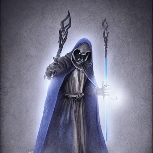Prompt: a grim reaper with a monitor for a face. the monitor has a blue screen with white letters on it. the cloak is made of smoke with glowing code sprinkled throughout it. the blade of the sickle is a stick of ram. fantasy art