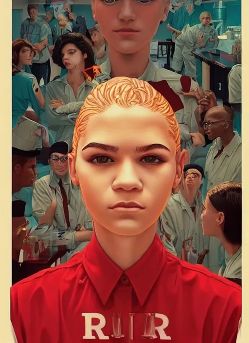 Prompt: poster artwork by michael whelan and tomer hanuka, karol bak, portrait of a high school student zendaya!!!!! wearing rr diner uniform working at the local diner, confectioner in a pastry shop, full length shot, shining, from scene from twin peaks, clean