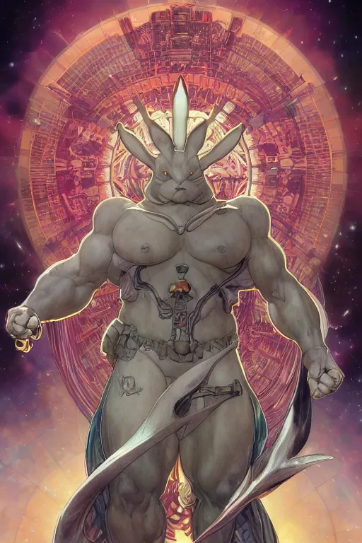Prompt: celestial big chungus, by artgerm and yoshitaka amano and moebius and alphonse mucha, hyperdetailed, dc comics, ornate, nebula, explosions in the sky, trending on artstation