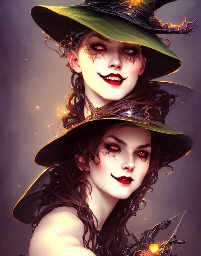 Image similar to halloween witch woman in a hat smiles, fantasy magic, undercut hairstyle, dark light night, intricate, elegant, sharp focus, illustration, highly detailed, digital painting, concept art, matte, art by wlop and artgerm and greg rutkowski and alphonse mucha, masterpiece