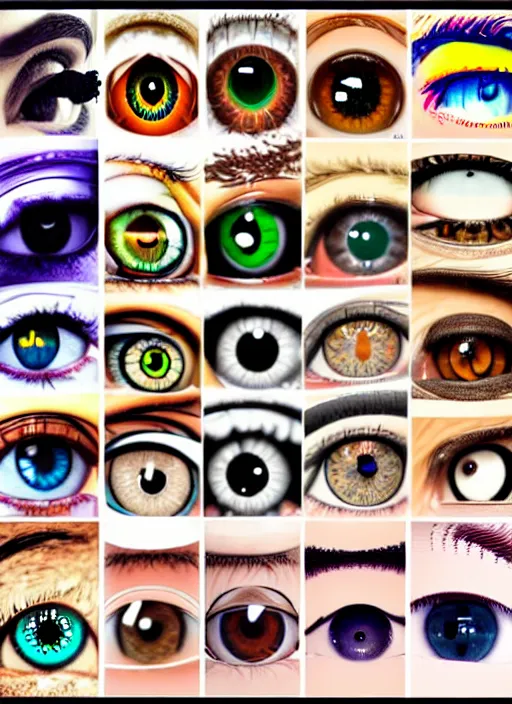 Image similar to diverse eyes!, dot pupils, round pupil, happy human eyes, round iris, advanced art, art styles mix, from wikipedia, grid of styles, various eye shapes