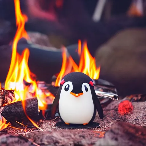 Image similar to A penguin wearing a beanie sitting next to a campfire with a cup of coffee by Sanrio