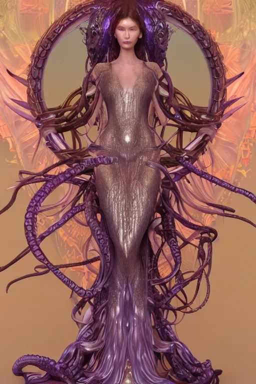 Image similar to a portrait of a beautiful ancient alien medusa gorgon woman goddess bella hadid standing in iris van herpen dress jewelery and fractals in style of alphonse mucha art nuvo dmt trending on artstation made in unreal engine 4