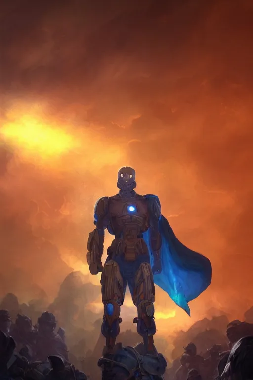 Image similar to a distant shot of a single super soldier with blue and yellow flag and standing alone on a huge pile of human skulls as a winner, masculine figure, D&D, fantasy, volumetric lights, beam of bright light through the clouds, intricate, elegant, highly detailed, extremely detailed, digital painting, artstation, concept art, matte, smooth, sharp focus, hyper realistic, illustration, art by Artgerm and Greg Rutkowski and Alphonse Mucha