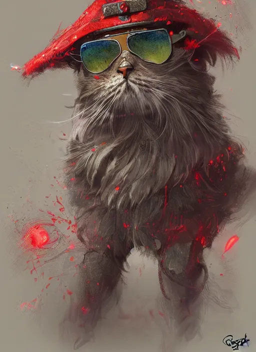 Prompt: a masterpiece portrait of a fantasy british longhair cat wear soldier clothes in war scene, wear ray - ban glass, red vibe, hyper realistic, concept art, intricate, hyper detailed, smooth, vibrant, by greg rutkowski