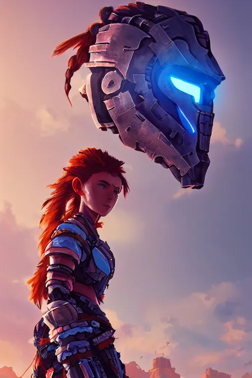 Image similar to combination suit armor aloy horizon forbidden west horizon zero dawn radiating a glowing aura global illumination ray tracing hdr fanart arstation by ian pesty and alena aenami artworks in 4 k tribal robot ninja mask helmet backpack