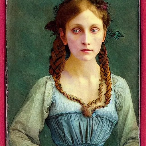 Prompt: a beautiful young lady with huge bright silver eyes, colored daguerreotype by pontormo, by bosch, by mucha, by Mackintosh, by max ernst, by ernst heackel, modern art noveau, highly detailed, digital art, strong lights, liminal, eerie, Bright pastel color