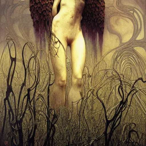 Image similar to creepy landscape by zdzisław beksinski, iris van herpen, raymond swanland and alphonse mucha. highly detailed, hyper - real, beautiful