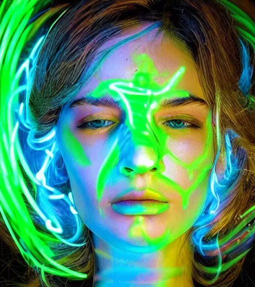 Prompt: neon lightpainting luminescent portrait, diffuse luminescent lightpainting, intricate wiccan luminescent lightpainting, elegant light, highly detailed zen, lifelike, photorealistic, artstation, luminescent concept art, smooth, sharp luminescent focus, luminescent art by john collier, artem demura, michael bosanko