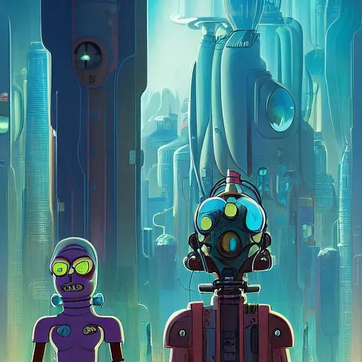 Image similar to akah 0 c 0 k futurama cyberpunk medium shot by gaston bussierre and charles vess and james jean and erik jones and rhads, inspired by rick and morty, epic, funny, huge scale, beautiful fine face features, intricate high details, sharp, ultradetailed