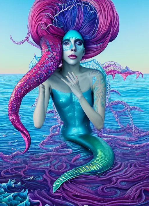 Image similar to lady gaga mermaid, deep ocean : : by martine johanna and simon stalenhag and chie yoshii and casey weldon and wlop : : ornate, dynamic, particulate, rich colors, intricate, elegant, highly detailed, vogue, harper's bazaar art, fashion magazine, smooth, sharp focus, 8 k, octane render,