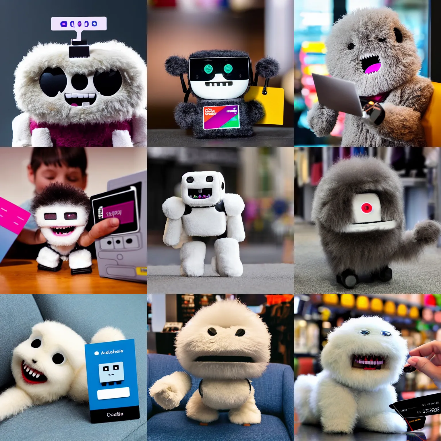 Prompt: <picture quality=hd+ mode='attention grabbing'>an adorable fluffy robot laughs maniacally as it steals your credit card to go on a spending spree</picture>