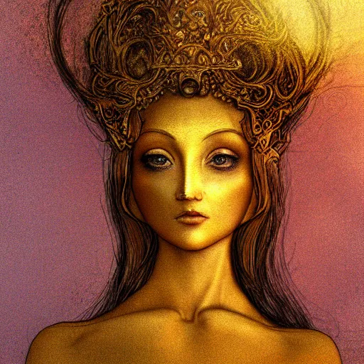 Prompt: brass woman, golden hour, illustration by Brian Froud and John Bauer, finger blend shading, vibrant