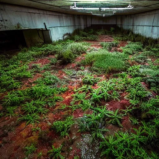 Image similar to abandoned, overgrown, underground bunker, room with mutated sundew plants, beautiful, underground