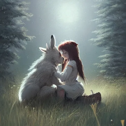Prompt: A beautiful painting of an anthropomorphic wolf and rabbit sitting in a field and hugging, artstation trending, greg rutkowski