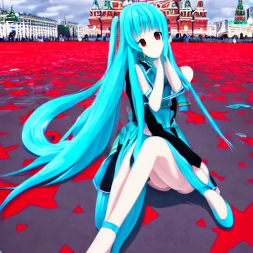 Image similar to hatsune miku on the moscow red square, high detailed anime art, trending on pixiv