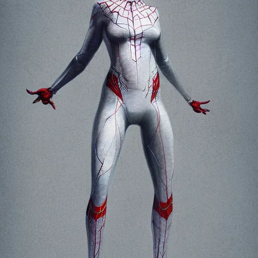 Image similar to full body portrait of white haired girl in spider man suit, super hero, webs, highly detailed, digital art, artstation, concept art, smooth, sharp focus, greg rutkowski, wlop