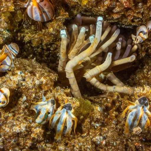 Prompt: underwater macro photo of nephrops in burrow on seabed with signpost