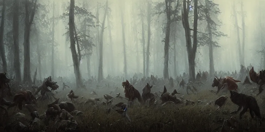 Prompt: a painting of a group of medieval villagers being attacked by wolves in a foggy dense forest by greg rutkowski, dark fantasy art, high detail, trending on artstation