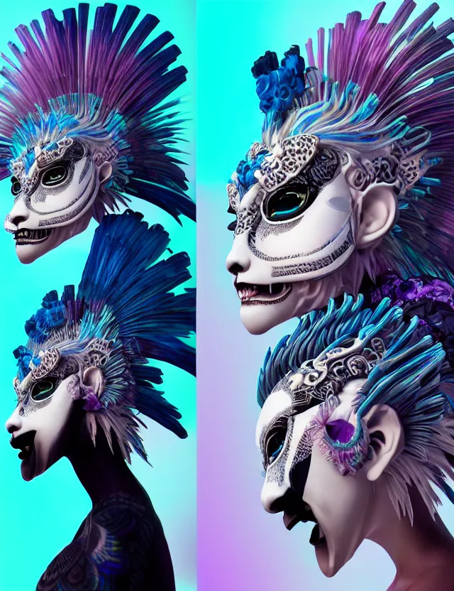 Image similar to 3 d goddess close - up profile portrait punk with mohawk with ram skull. beautiful intricately detailed japanese crow kitsune mask and clasical japanese kimono. betta fish, jellyfish phoenix, bio luminescent, plasma, ice, water, wind, creature, artwork by tooth wu and wlop and beeple and greg rutkowski