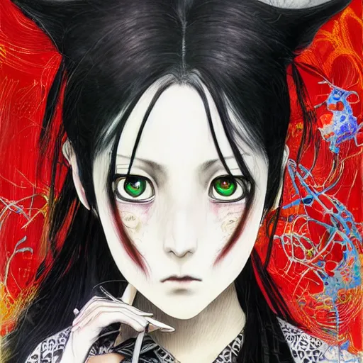 Image similar to yoshitaka amano realistic illustration of a sinister anime girl with black eyes and long wavy white hair wearing dress suit with tie and surrounded by abstract junji ito style patterns in the background, blurry and dreamy illustration, noisy film grain effect, highly detailed, oil painting with expressive brush strokes, weird portrait angle