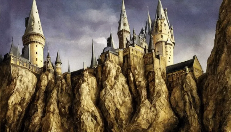 Image similar to painting by borremans, hogwarts castle, detailed, stunning