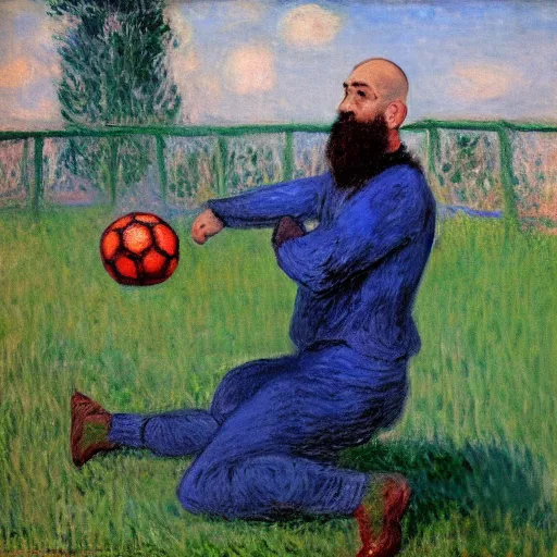 Prompt: monet painting of a bearded man with shaved head kissing a soccer ball, intimate, beautiful, highly detailed, realistic,