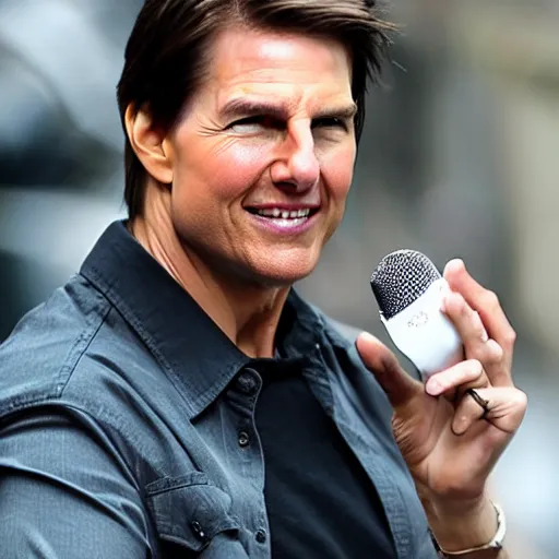Prompt: Tom Cruise eating!!!!! a microphone like an apple the microphone is being crushed by his massive teeth, photo realistic, highly detailed, natural lighting, eating!!!! a microphone, 4k
