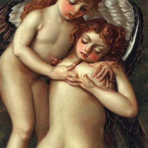 Prompt: 2 muscular angels hugging, victorian painting