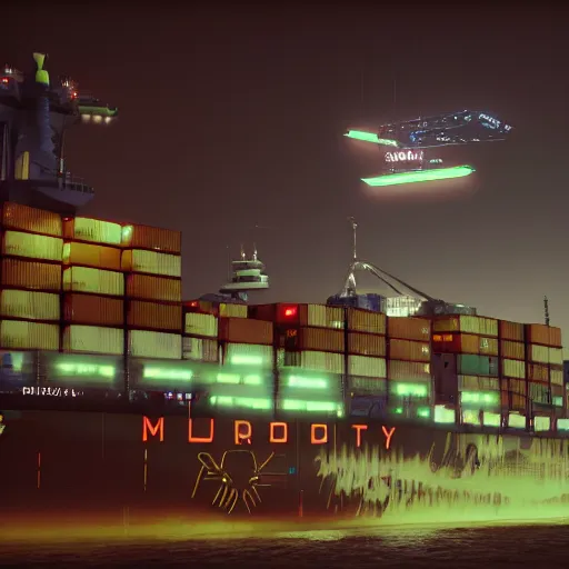 Prompt: an anti-gravity (futuristic container vessel) hovering at port in Night City Cyberpunk 2077, muted cyberpunk style, tranquil, steady, atmospheric, sweltering, autochrome, 8k, reflections, octane render, unreal engine 5