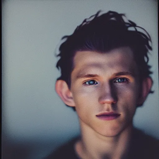 Image similar to grainy color polaroid of Tom Holland, dreamlike, intricate detail, sigma 85mm f/1.4, 4k