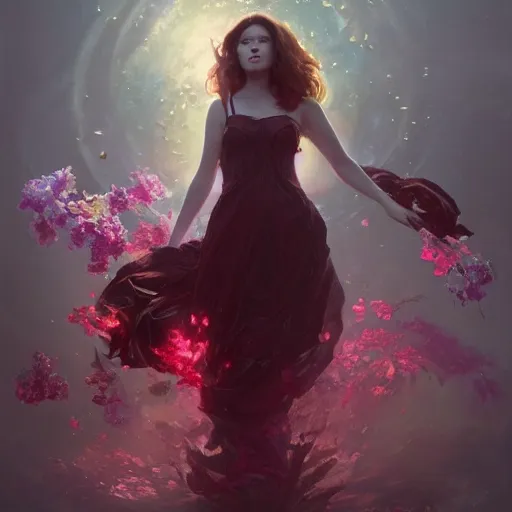 Image similar to faceless scarlet witch in a swirling sundress of flowers, floral explosion, radiant light, vortex of plum petals, oil painting, Tooth Wu, Greg Rutkowski, RPG portrait, dynamic lighting, fantasy art, High contrast, depth of field