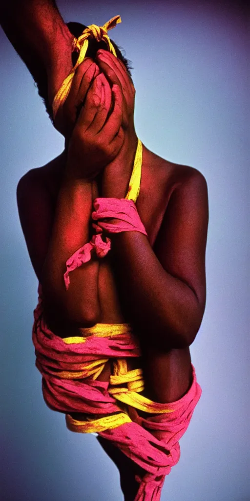 Image similar to award winning photo of todd solondz tied up crying, vivid colors, happy, symmetrical face, beautiful eyes, studio lighting, wide shot art by sally mann & arnold newman