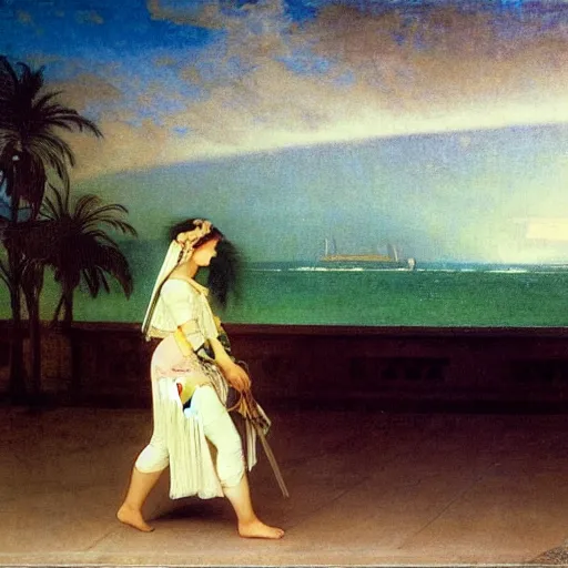 Prompt: Girl riding a horse leaving the palace through the bridge, thunderstorm, beach and palm trees on the background major arcana sky, by paul delaroche, alphonse mucha and arnold böcklin arnold böcklin hyperrealistic 8k, very detailed