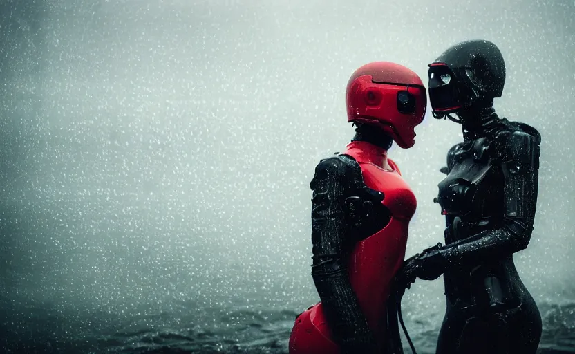 Image similar to cinestill 5 0 d candid photographic portrait by christopher nolan of two loving female androids wearing rugged black mesh techwear in treacherous waters, extreme closeup, modern cyberpunk moody emotional cinematic, pouring rain menacing red spotlight, 8 k, hd, high resolution, 3 5 mm, f / 3 2, ultra realistic faces, ex machina