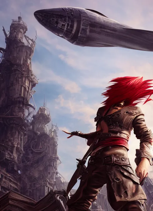 Image similar to an epic fantasy comic book style portrait painting of a long haired, red headed male sky - pirate in front of an airship, unreal 5, daz, hyperrealistic, octane render, cosplay, rpg portrait, dynamic lighting, in the style of final fantasy