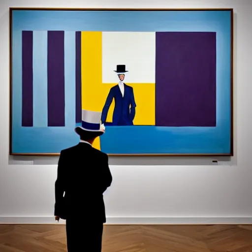 Prompt: in an art gallery, there is a huge painting of carmen herrera blue with white line. a man in a top hat and a suit iadmiring the painting. cgsociety, surrealism, surrealist, dystopian art, purple color scheme