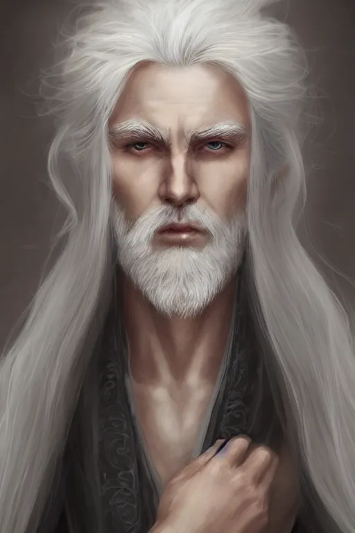 Image similar to white haired robe fu xi full male front body portrait, very long white beard and hair, long hair shawl, fine kindness delicate prefect face features gaze, piercing eye, elegant, style of tom bagshaw, cedric peyravernay, peter mohrbacher, victo nga, 4 k hd illustrative wallpaper, animation style, chinese style