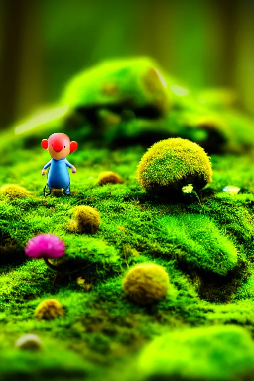 Image similar to pikmin on a mossy forest floor, tilt shift photography