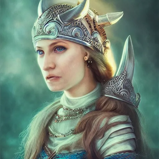 Prompt: stereo photography image of a beautiful Viking princess, full portrait, detail, lighting, by anna dittman