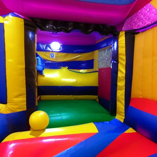 Image similar to a darkly lit indoor children's bounce house photo taken with a deposable camera limital space