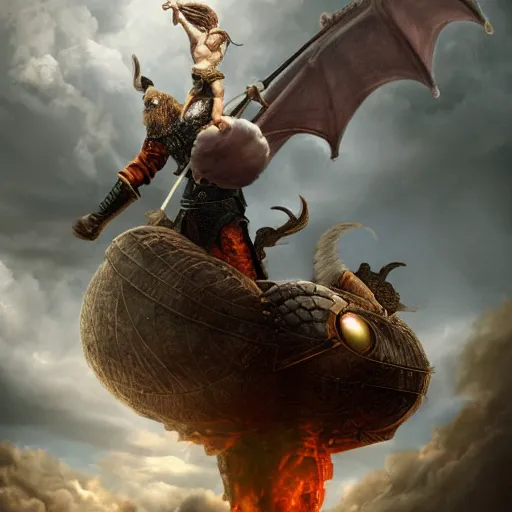 Image similar to a viking flies aboard a dragon holding the severed head of donald trump, over the white house, highly detailed, 8 k