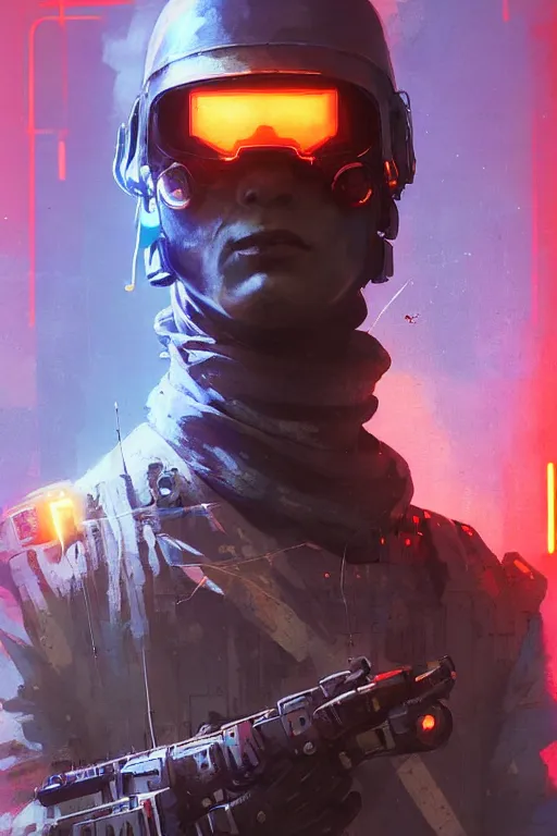 Image similar to soldier from battlefield 1, cyberpunk futuristic neon. decorated with traditional japanese ornaments by ismail inceoglu dragan bibin hans thoma greg rutkowski alexandros pyromallis nekro rene maritte illustrated, perfect face, fine details, realistic shaded, fine - face, pretty face