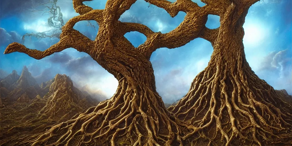 Prompt: tree of life destroyed Michael Whelan by Jeff Easley photorealistic by Edmonia Lewis, cinematic, coherent, realistic faces, clear, detailed, intricate, dramatic lighting, establishing shot, 8k resolution
