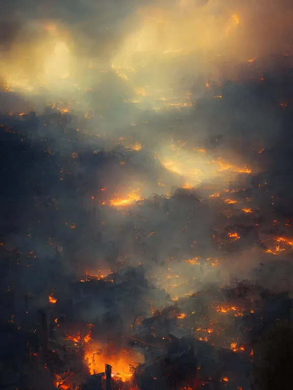 Prompt: photo of 8k ultra realistic oil wells on fire ,heavy clouds, smoke, full of colour, cinematic lighting, battered, trending on artstation, 4k, hyperrealistic, focused, extreme details,unreal engine 5, cinematic, masterpiece, art by Peter Mohrbacher