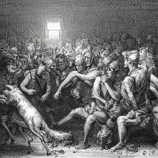 Image similar to a scene from animal farm by george orwell, chiaroscuro, high detail, illustration by gustave dore