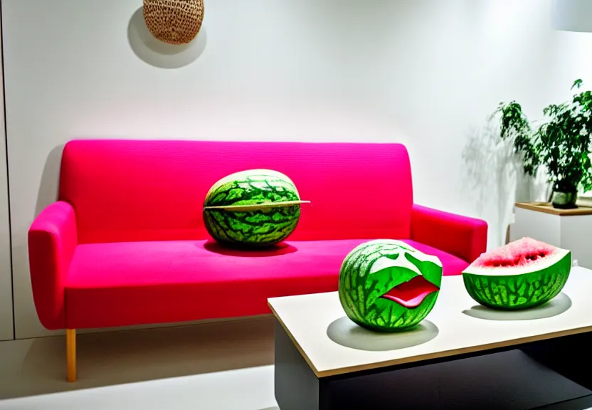 Prompt: a close up photograph of an ikea showroom with a watermelon carved into a couch watermlon, whacky designs, interior design